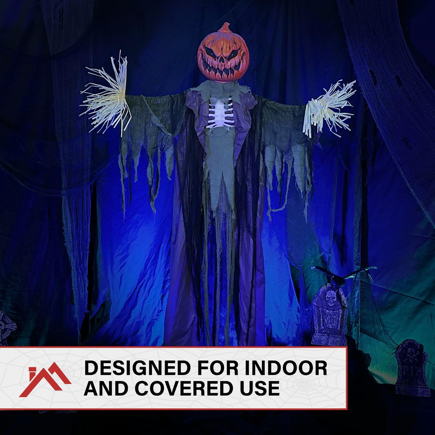 Haunted Hill Farm Life-Size Poseable Pumpkin Scarecrow, Halloween Animatronic with Touch Activated Lights and Sound, Scary Frigh